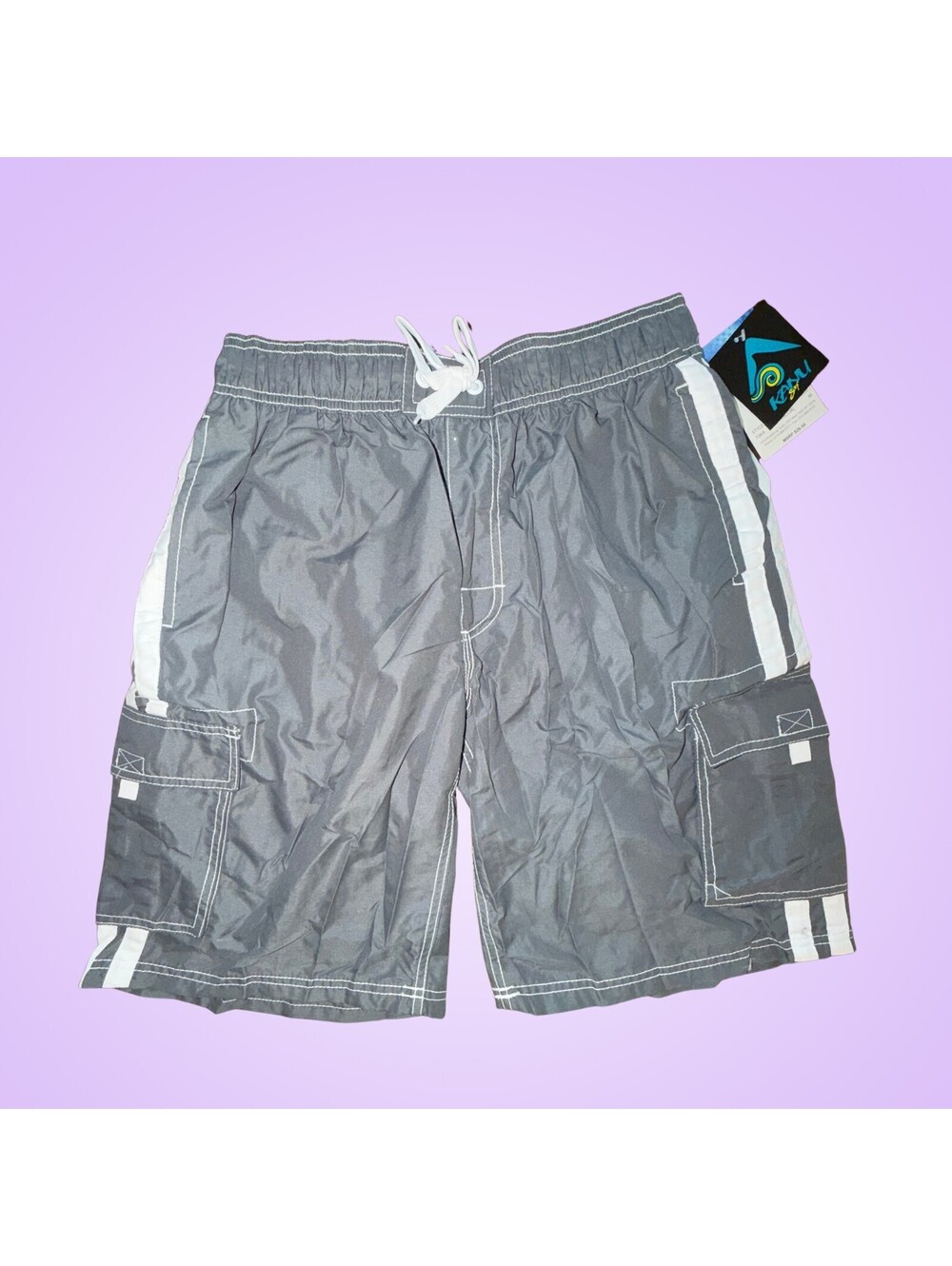 NWT Kanu Surf Mens Medium Gray Cargo Swim Trunks Board Shorts Mesh Lined